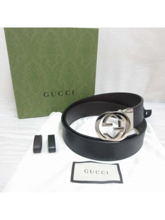 Gucci Interlocking Buckle Reversible Leather Belt Guccissima Black Brown Silver main image 5